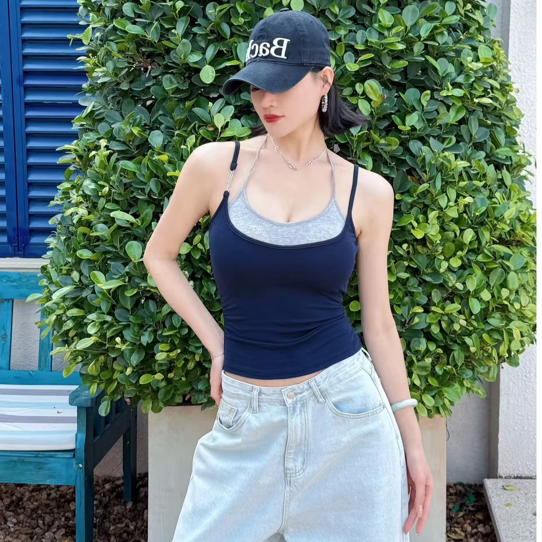 2025夏设计感挂脖吊带背心时尚弹力修身针织外穿性感百搭上衣4354