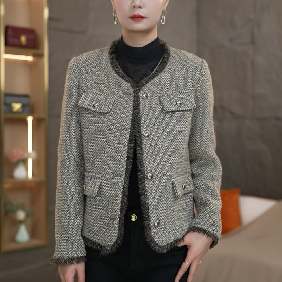 【衣品沫尔】2025春秋新款卡其短款小香风外套优雅粗花呢轻奢外套