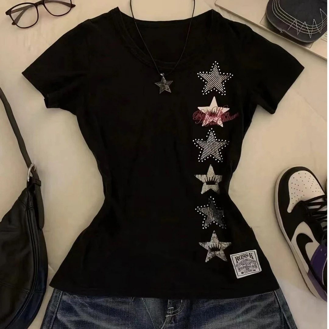 新款古着美式修身显瘦纯棉t恤时尚百搭夏季印花洋气出游服装女