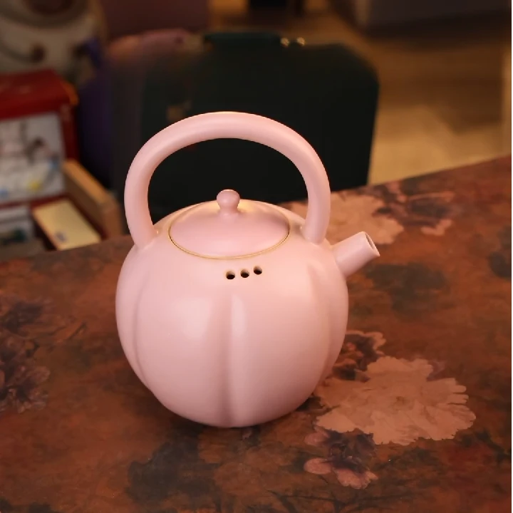 苏打釉粉色瓷柄南瓜壶煮茶壶 A9168