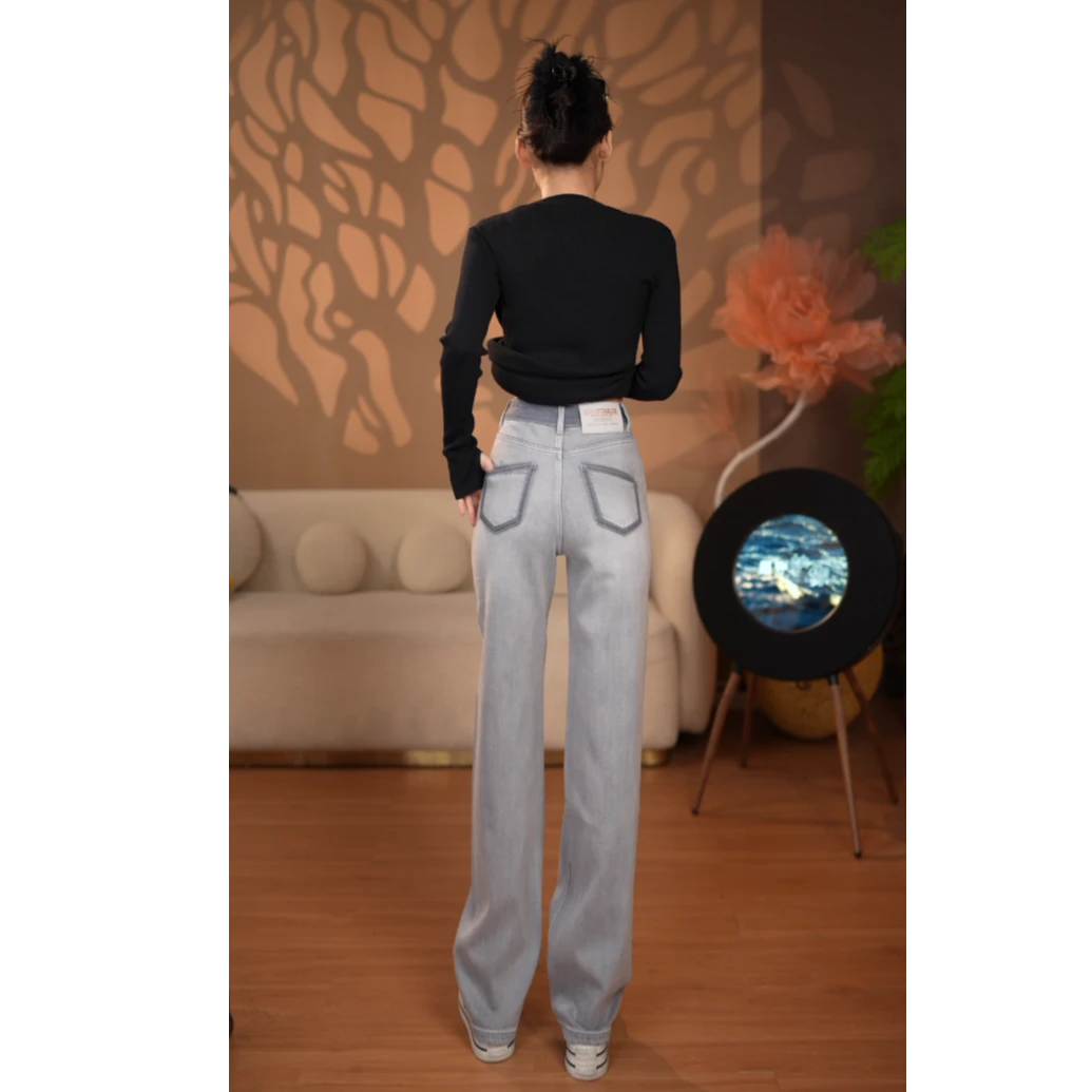 [夏季清货]弯刀裤直筒裤2025高腰长裤牛仔裤撞色小众显瘦宽松阔腿