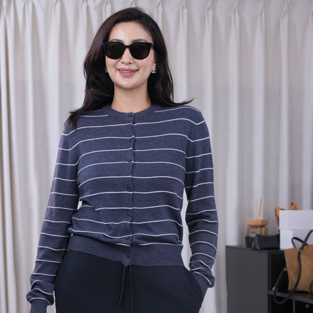 开衫毛衣条纹圆领秋冬长袖休闲百搭时尚羊毛开衫百搭款休闲035698