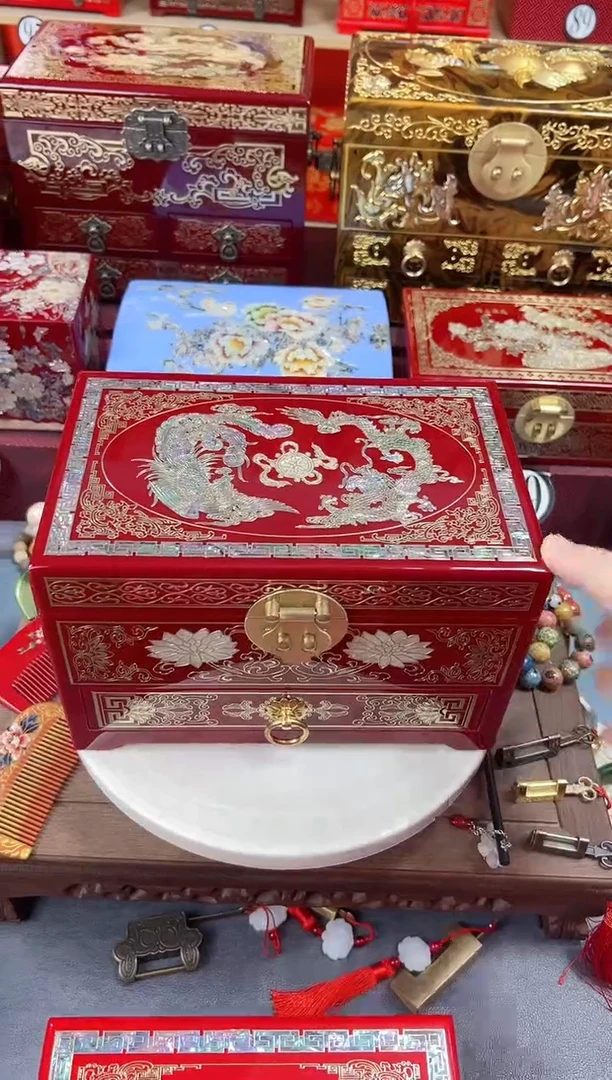 浅**笑人24厘米新款三层单抽掐丝螺钿镶嵌铜扣龙凤