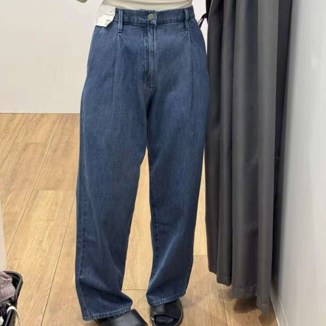 日单剪标复古休闲打皱牛仔裤窄版直筒裤显瘦女