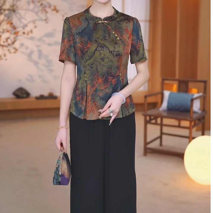 两件套2025夏季新款洋气改良旗袍妈妈装上衣+裤子（婷）K-2558590