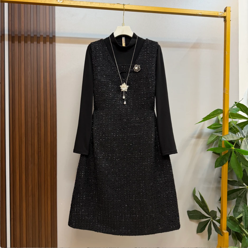 新款大码女装欧货时尚洋气中长款小香风马甲裙打底衫两件套套装