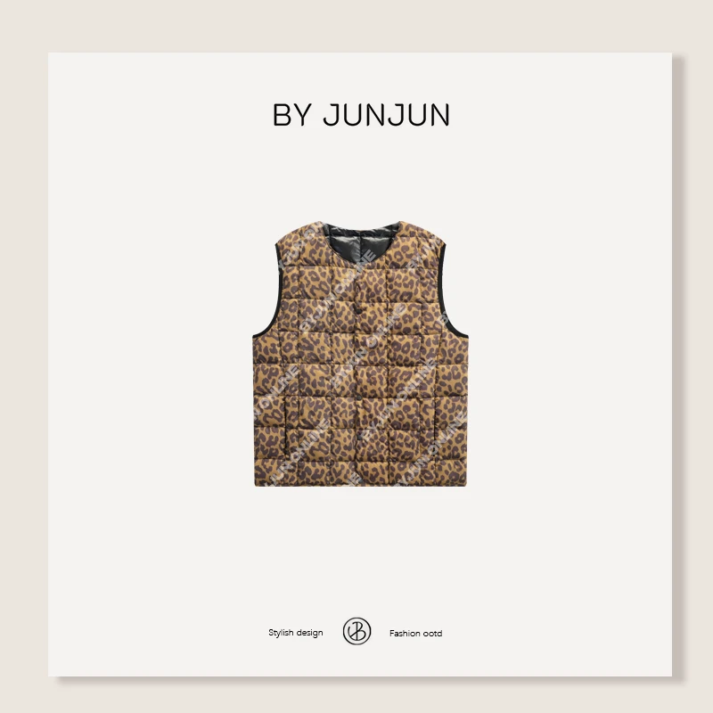 ByJunjun【豹起来】定开面料豹纹薄羽绒马甲保暖百搭上衣