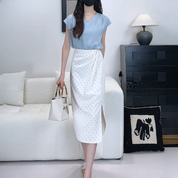 直筒中长款开叉半身裙女2025夏季新款高腰收褶气质a字包臀裙