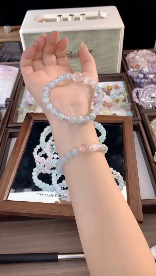 未镶嵌手链水晶桃禧 海蓝宝蓝月光粉水顶珠
