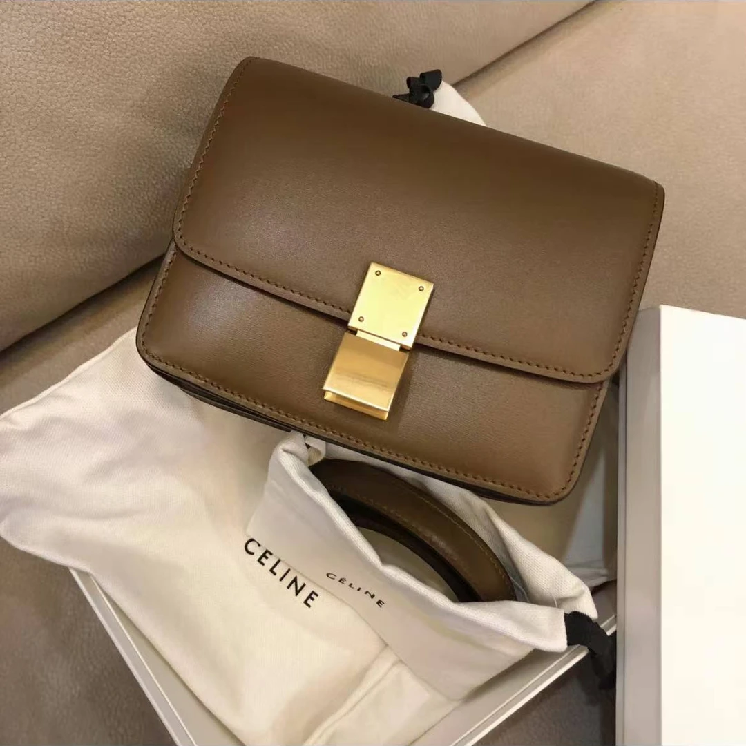 99新 Celine/思琳 蔚蓝/焦糖色金扣mini box 斜挎包