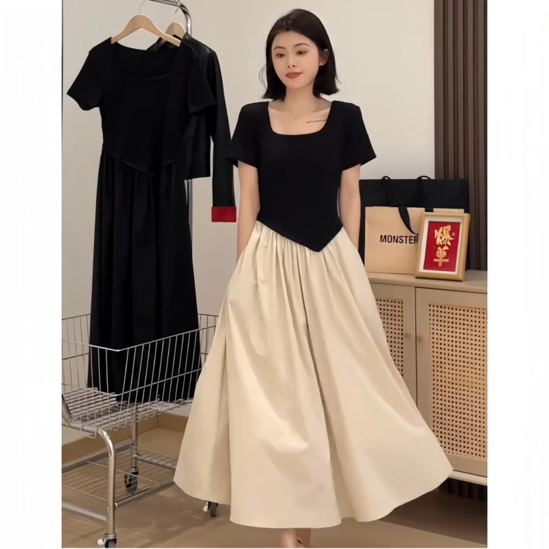 2025秋季大码女装高级感拼接不规则连衣裙方领法式收腰显瘦连衣裙