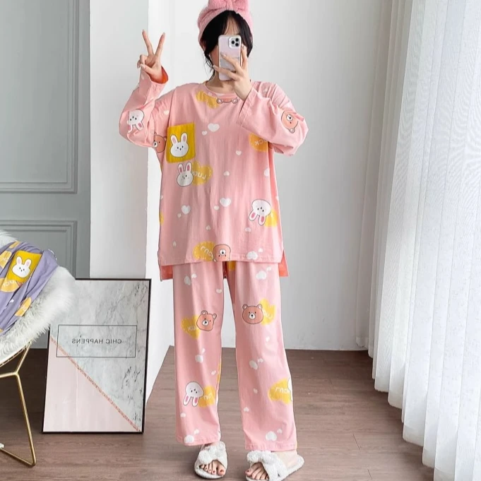 卡通针织棉圆领卡通睡衣女长袖长裤加大肥码胖mm200斤宽松家居服