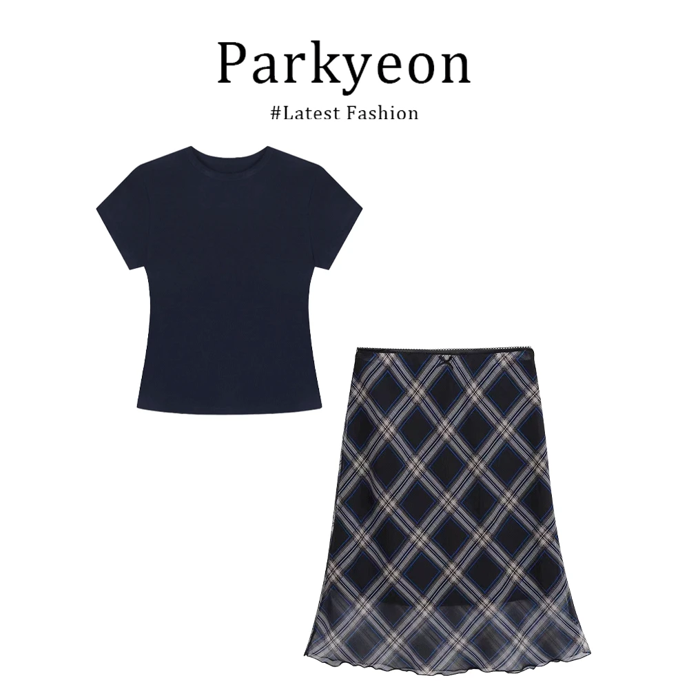 parkyeon法式复古气质套装修身短袖T恤上衣搭格纹包臀半身裙套装