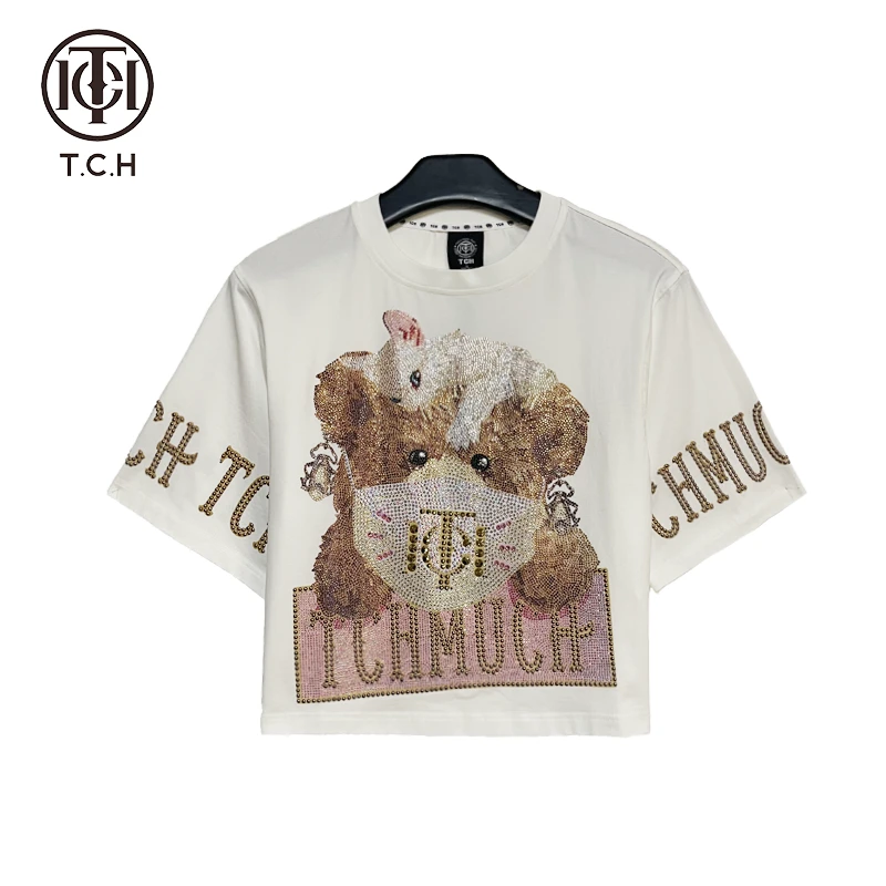 TCH-服饰烫钻工艺小熊百搭时尚短袖短款圆领T恤T66A10E6018