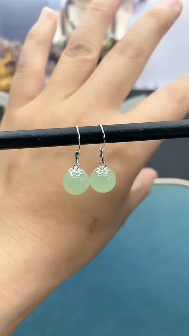 和田玉银S925镶嵌耳饰10mm晴水耳钩