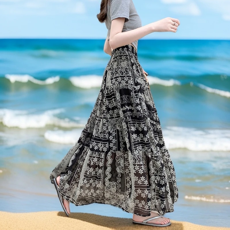 夏季波西米亚雪纺碎花半身裙长款大摆复古民族风女A字沙滩长裙子」