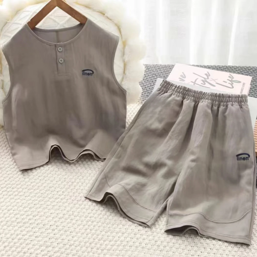 2025棉麻薄款套装家居服夏季休闲风男纯色时尚套头