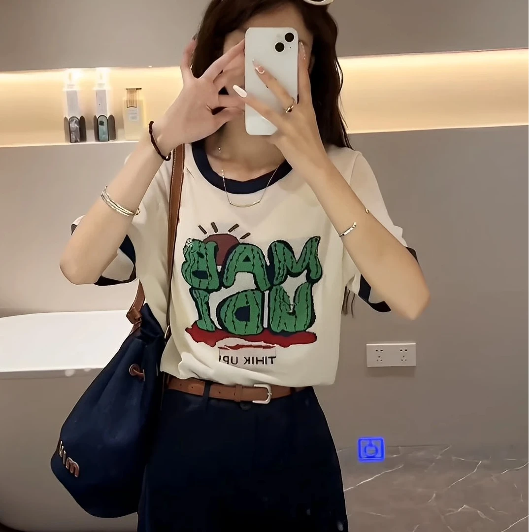 白色t恤女短袖宽松2025新款夏季欧货冰丝字母仙人掌正肩圆领 上衣