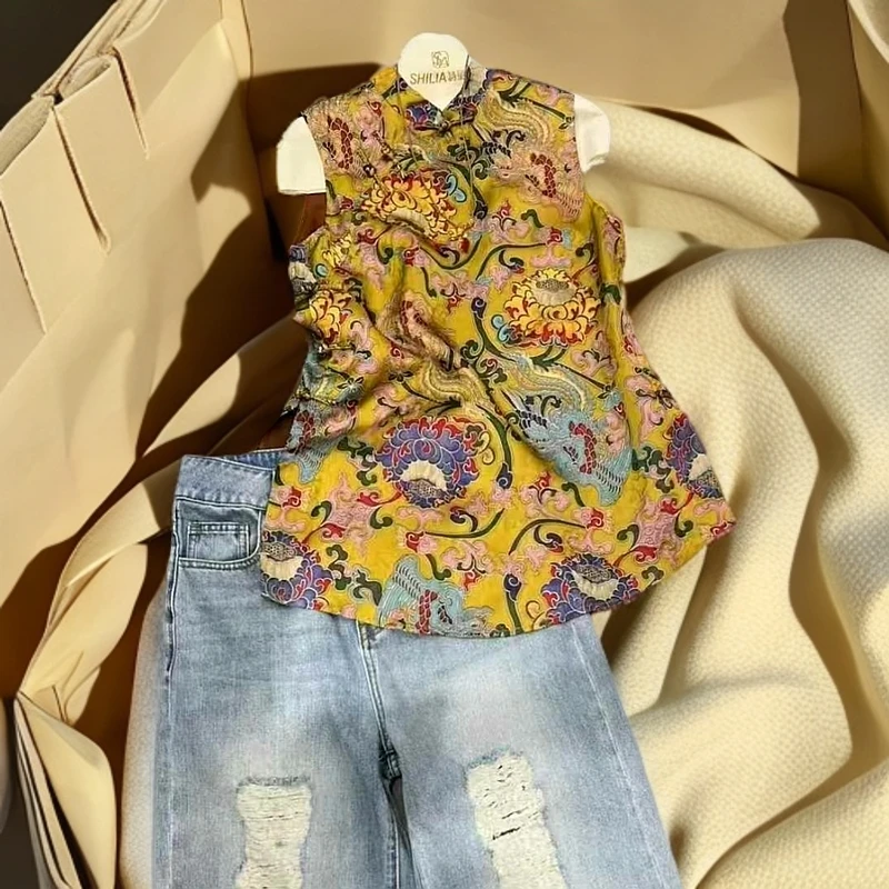 新中式国风夏季显瘦气质斜下摆长款复古提花上衣----25-0538