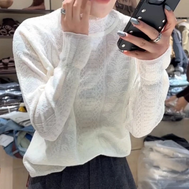 韩版新款设计感显瘦百搭冬季中领提花拼接蕾丝上衣LK2508345