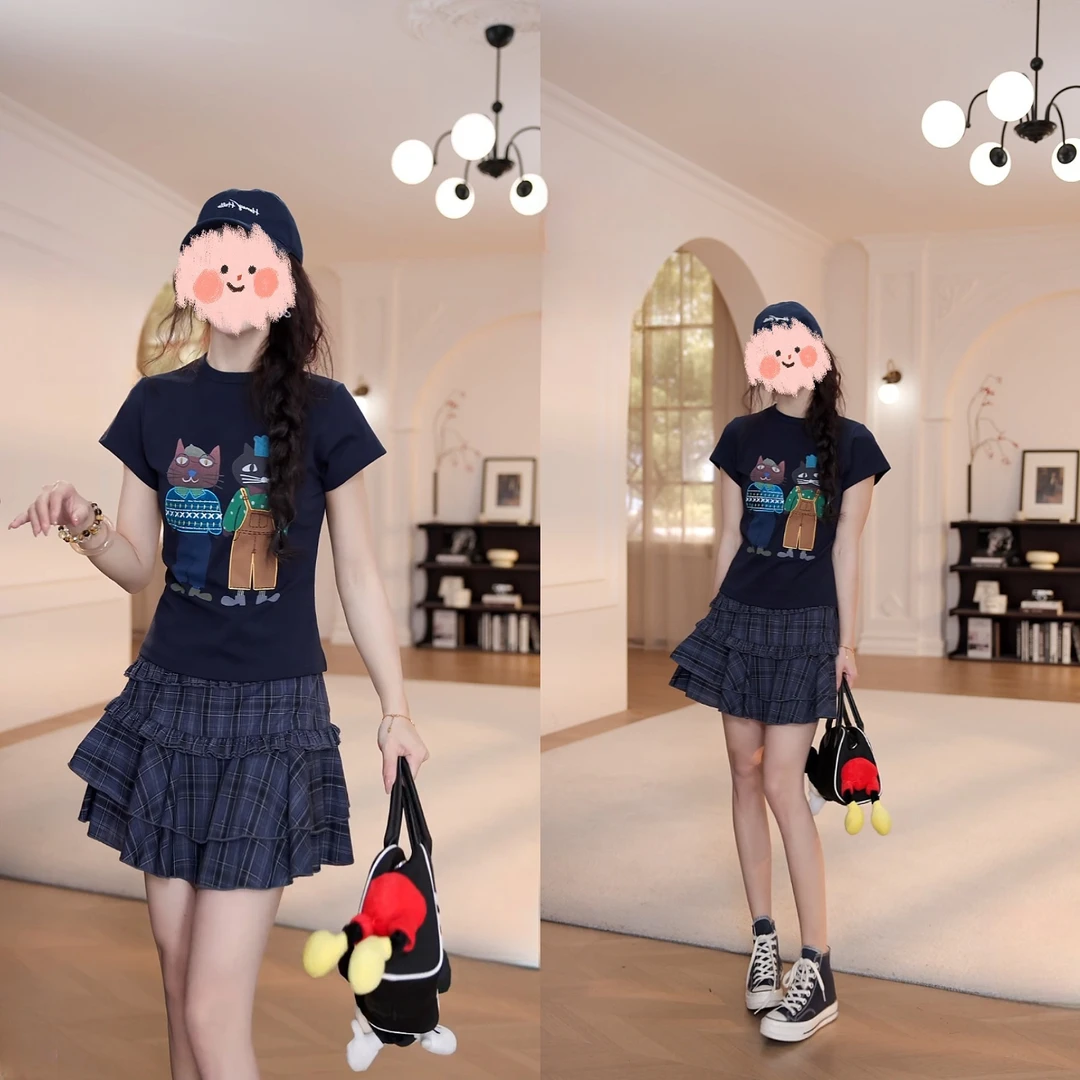 2025洋气衣服女夏季新款百搭气质图案短袖T恤显瘦松紧腰花裙短裙