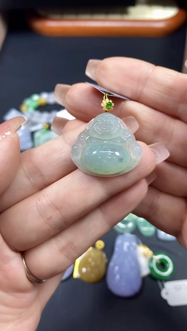 吊坠(不含链)18K金镶嵌翡翠佛公18K金扣镶嵌@@CMT