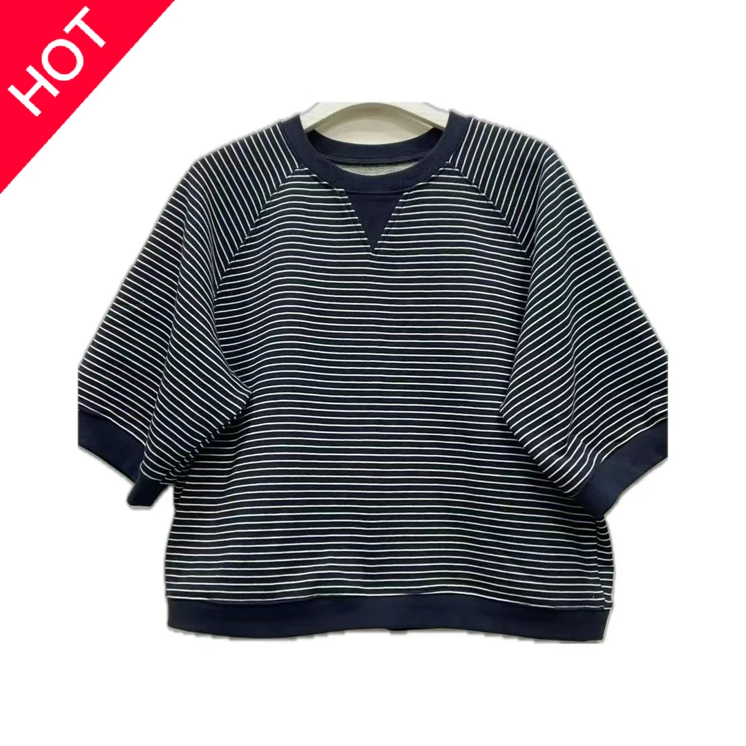 【xineba2】韩国圆领条纹中袖衫2024新款女士时尚洋气舒适百搭宽松