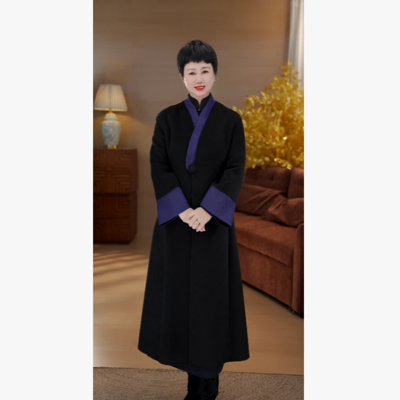 25年秋冬百分百绵羊毛拼丝毛缎新中式V领羊毛大衣长外套K31682