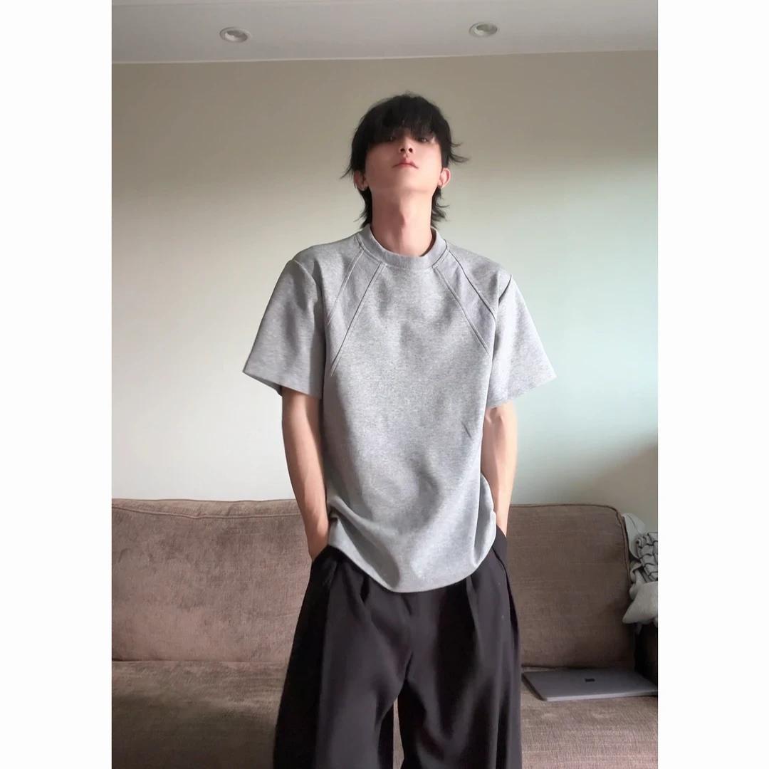 夏季潮牌拼接短款T恤男女clieanfit美式太空棉小领口男士运动瑜伽