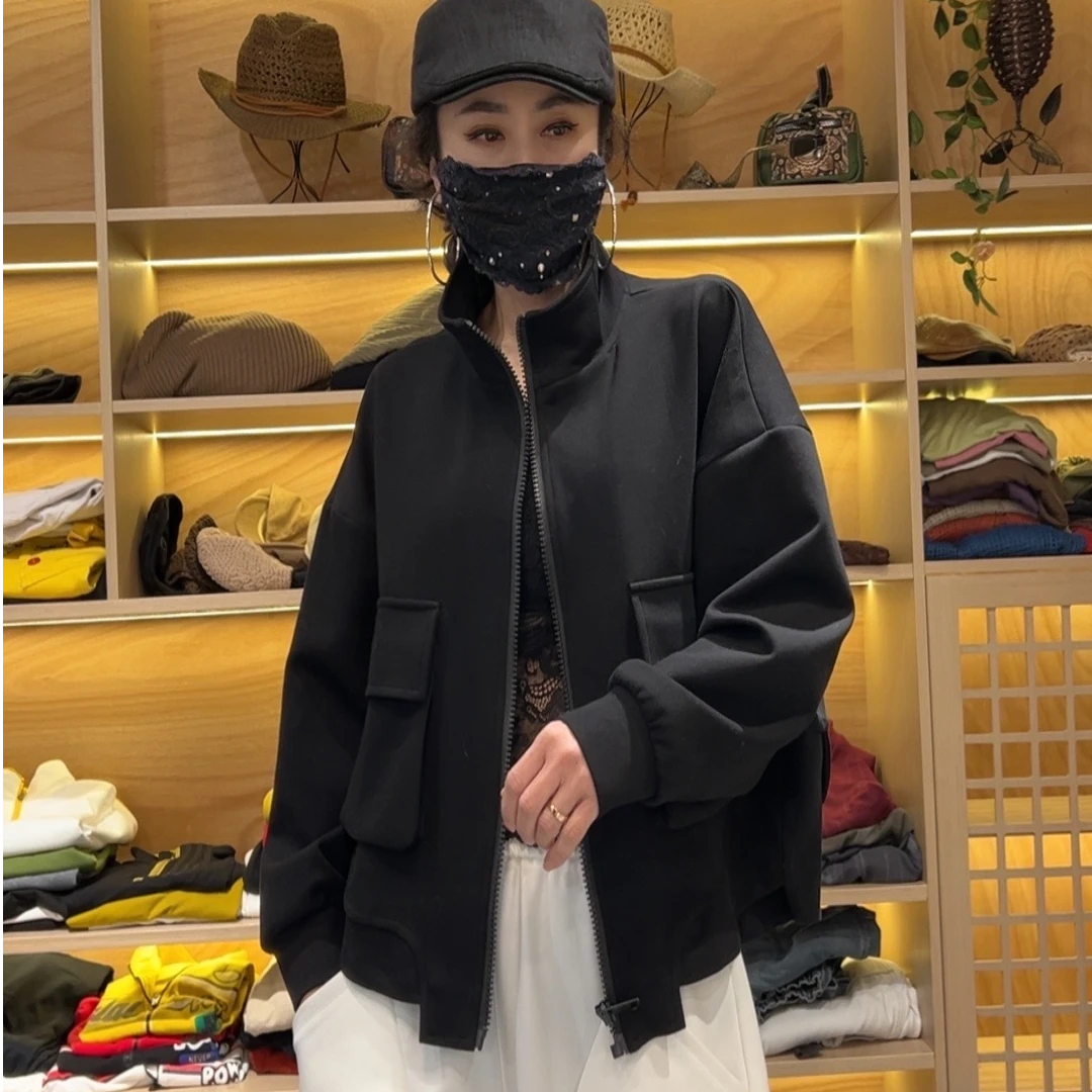 6107休闲时尚气质百搭阔版拉链立领长袖外套