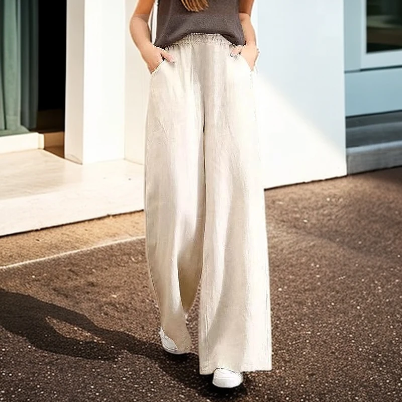 大码女装纯棉麻阔腿裤女松紧腰棉麻春夏女装长裤宽松棉麻垂感夏季