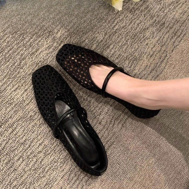 三福法式女鞋方头镂空编织单鞋女2025新款一字带透气罗马平底凉鞋