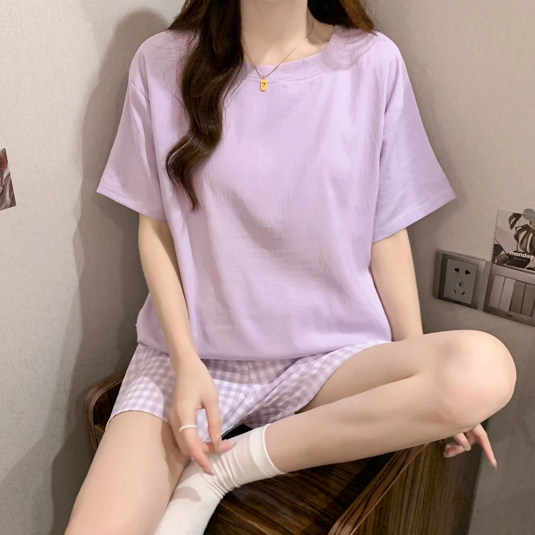 夏季睡衣女新款带胸垫短袖套装大码宽松甜美女士夏天可外穿家居服