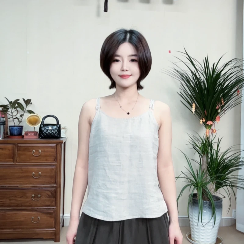 2025夏季新款100汉麻净版纯色宽松文艺复古吊带背心打底 26201
