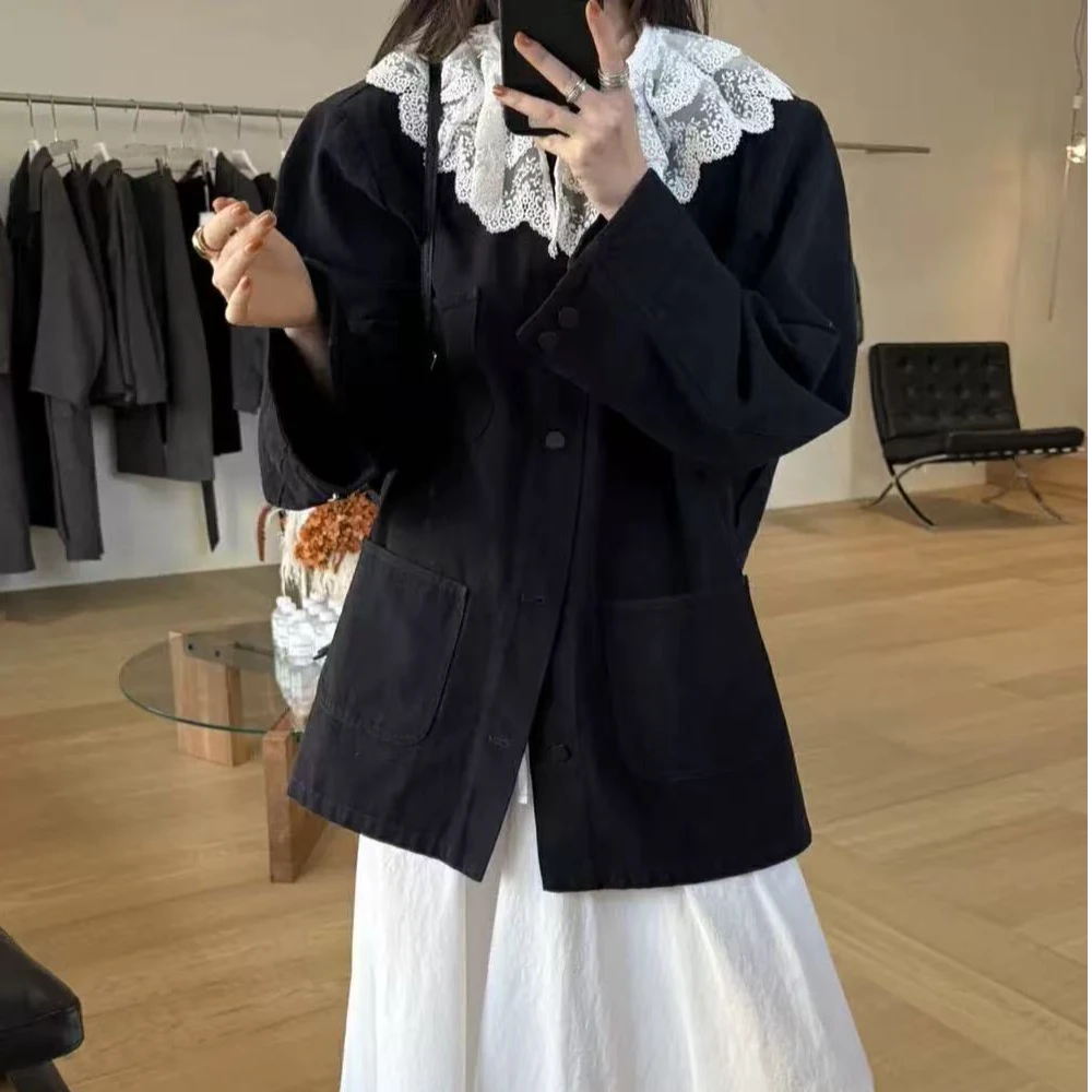 9201伦敦褪色稿 复古蕾丝领工装风衣外套
