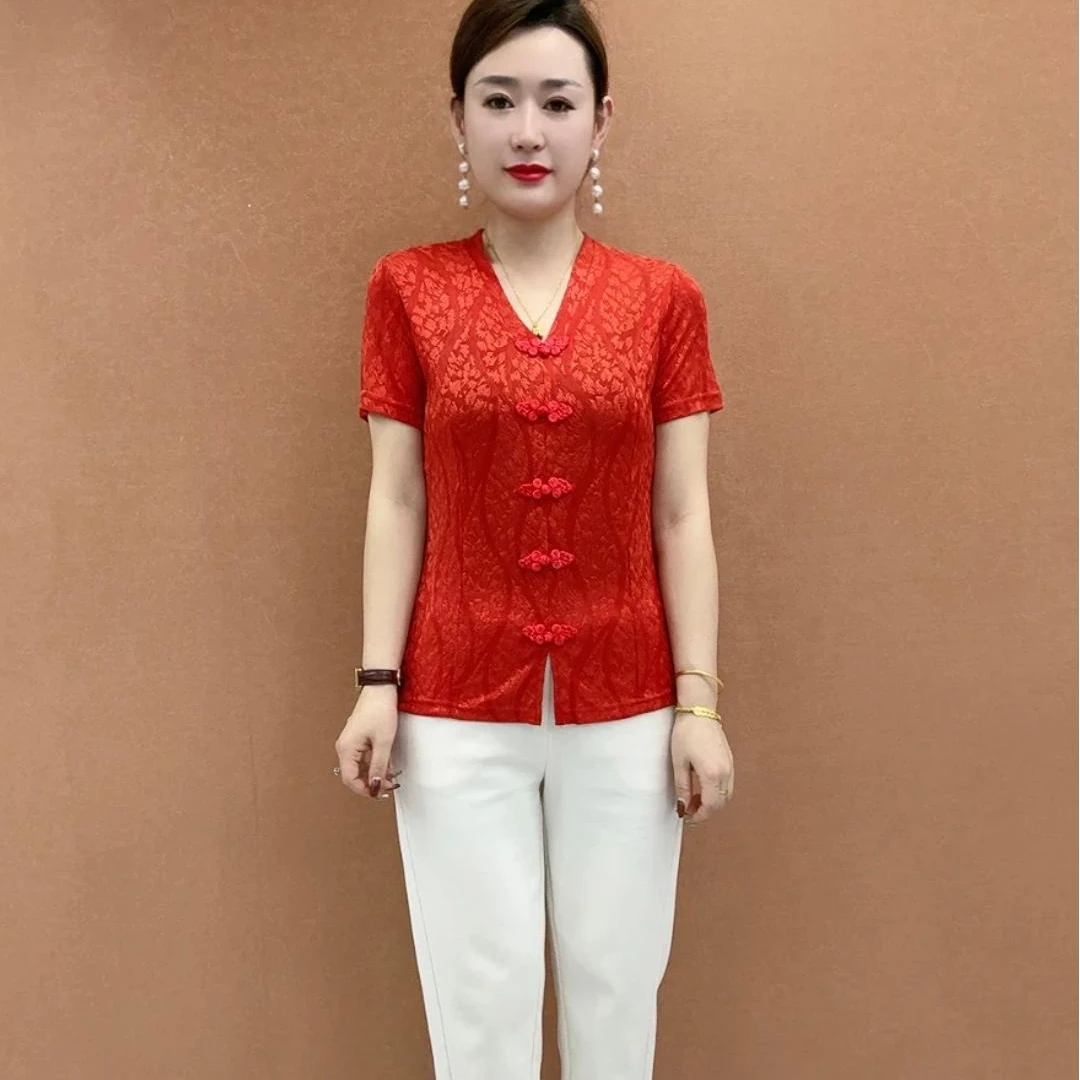 2025夏季新款V领宽松中老年洋气时尚小衫减龄显瘦母亲节妈妈女装