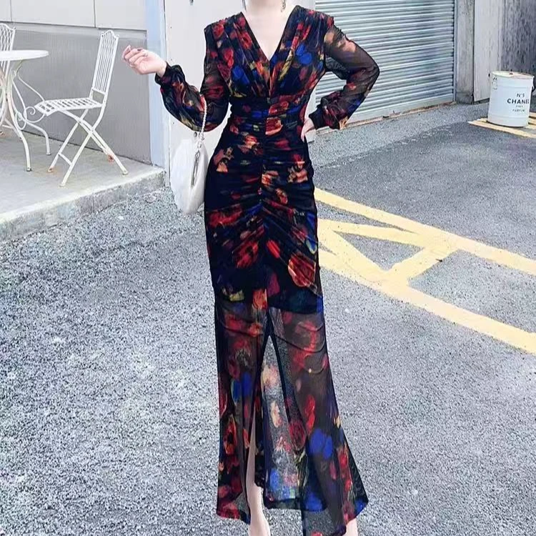 小众设计高腰修身时尚显气质长袖印花连衣裙61598