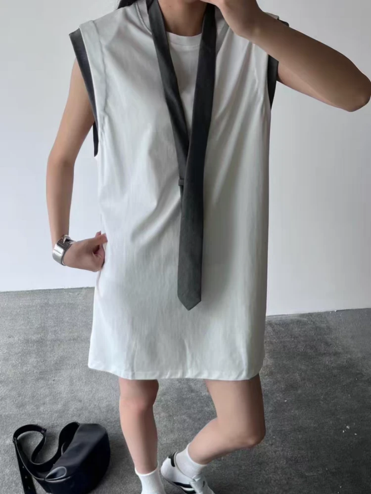 【济州岛】飘带搭配拼接袖假两件无袖T裙