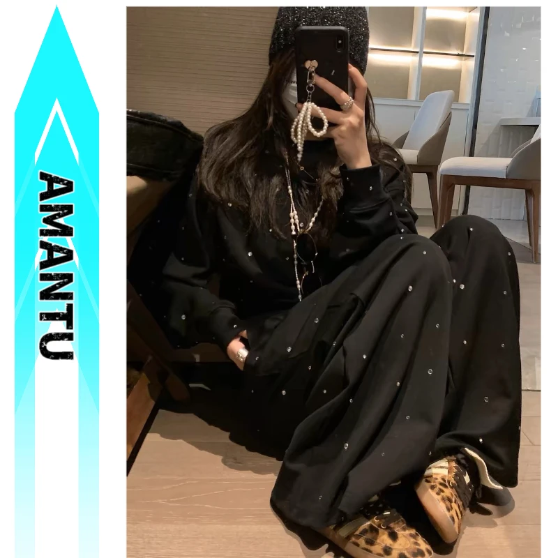 圆领卫衣套装女重工早春烫钻两件套2025高级小个子穿搭高腰阔腿裤