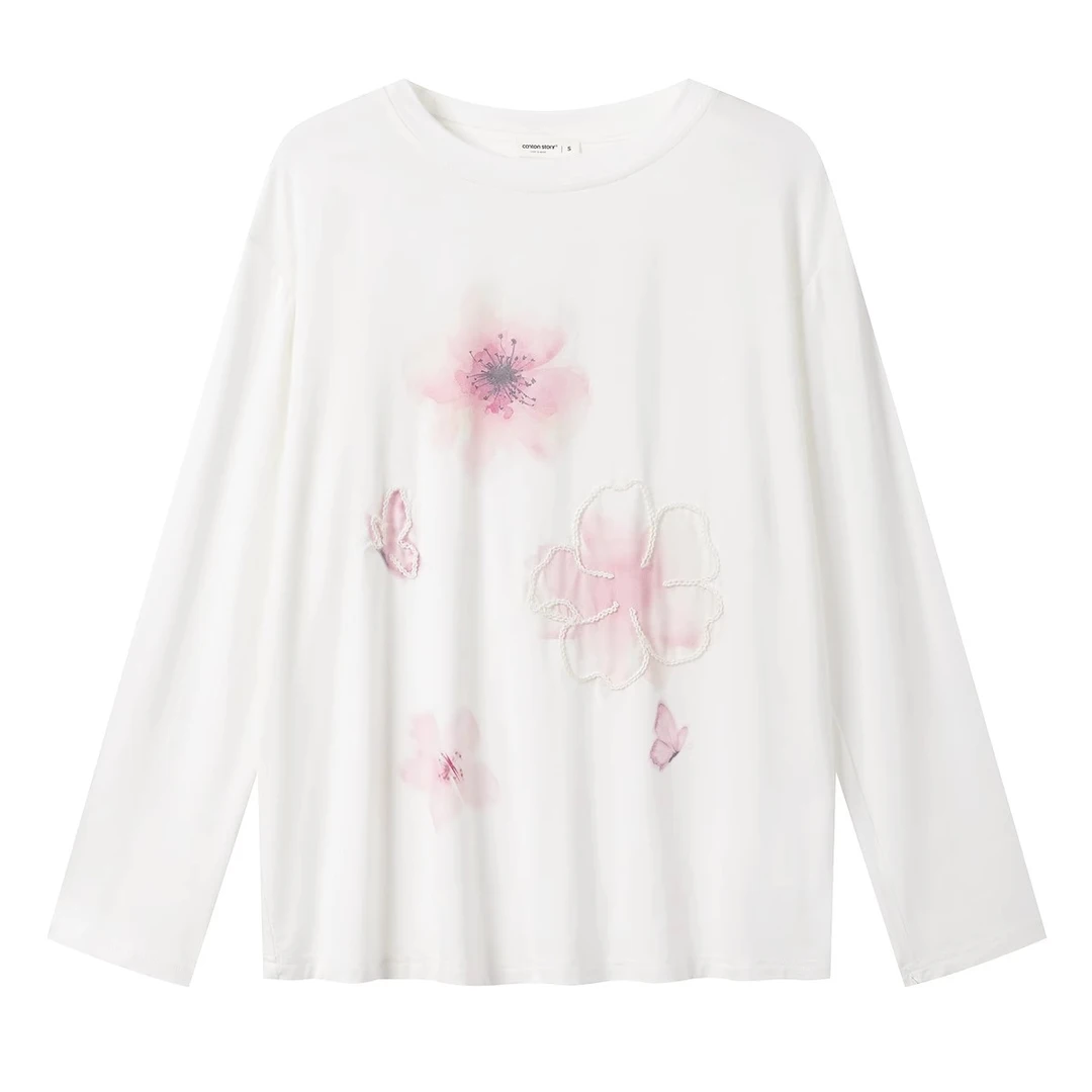 羊城故事-韩系花卉防晒长袖t恤慵懒微透松弛感百搭上衣Y50550319