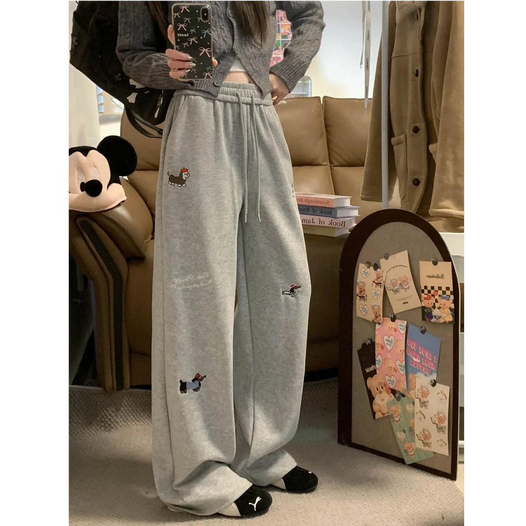 灰色加绒加厚腊肠狗裤子直筒裤女秋冬休闲卡通运动高腰显瘦阔腿裤