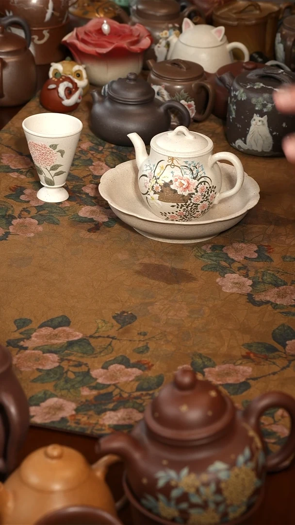 茶壶紫砂白泥月季壶+壶承+杯