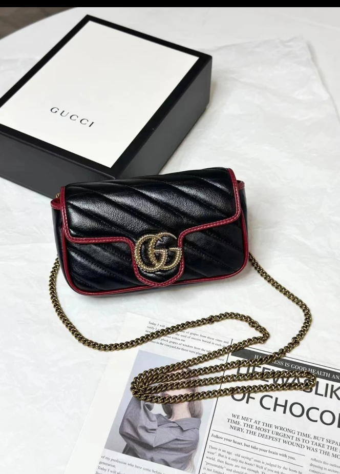 99新 GUCCI/古驰 茉上/红拼黑马蒙mini 链条包