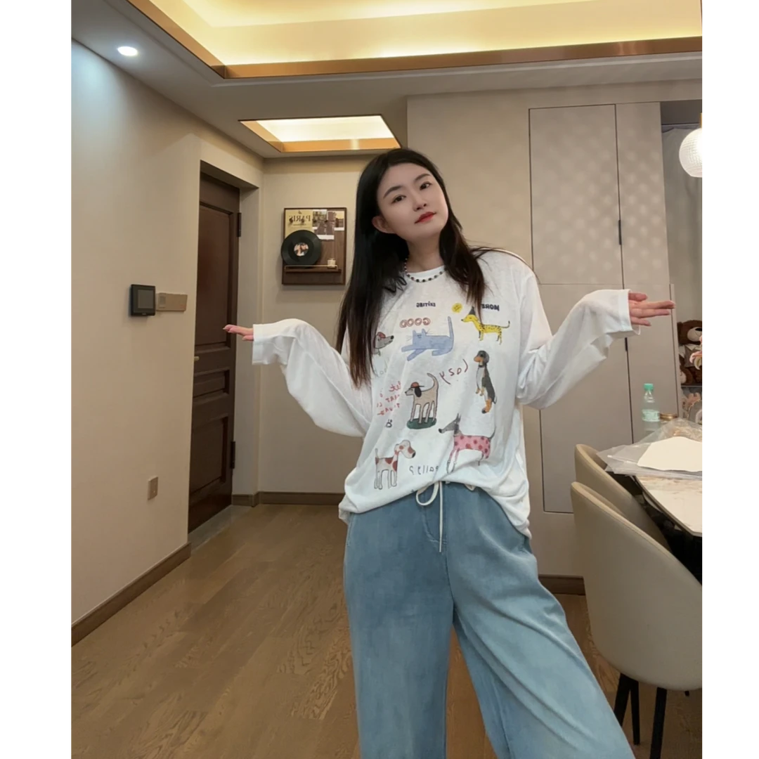 手绘小狗冰膜大T！天丝竹节凉感宽松长袖 中长白T遮阳罩衫