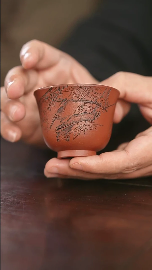 茶杯紫砂昱初刻绘石红主人杯