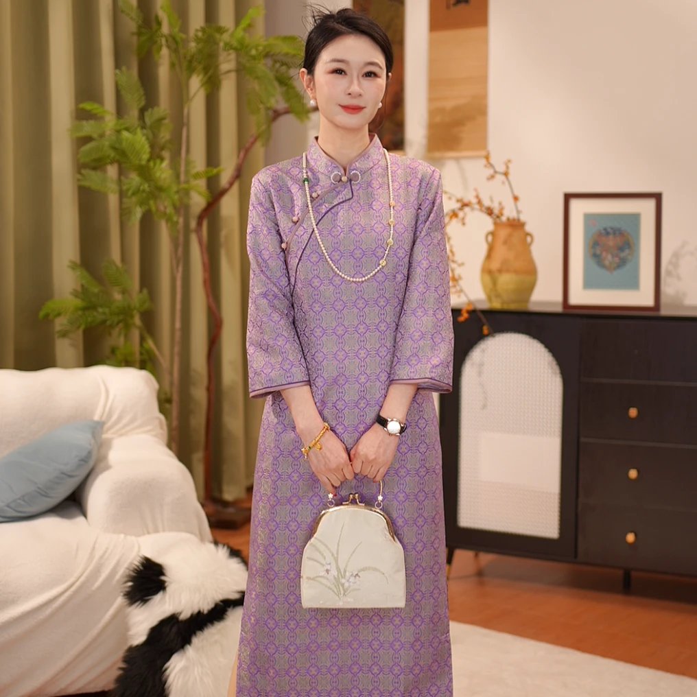 【贺贺·定胜】桑蚕丝宋锦连衣裙旗袍秋冬新中式