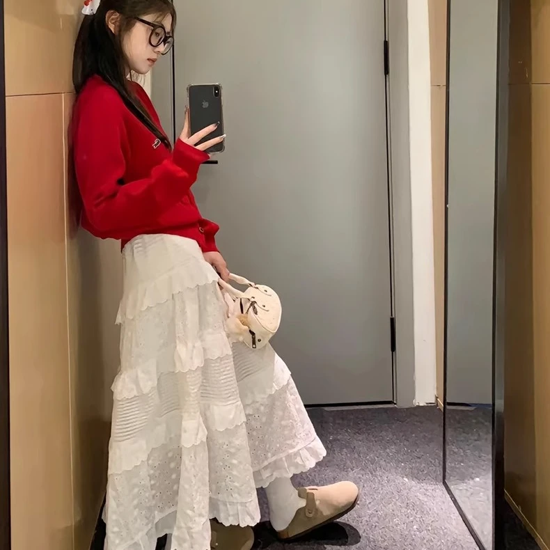 白色蕾丝蓬蓬蛋糕裙女春季高腰大码胖mm显瘦中长款a字花边半身裙