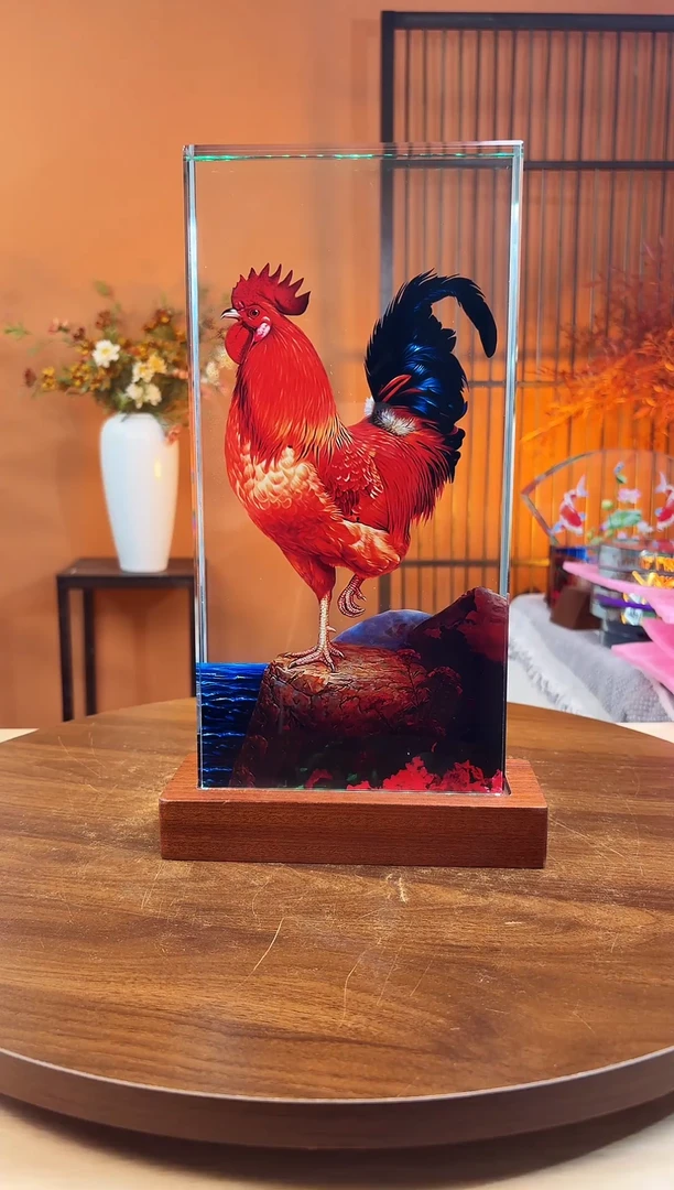 人造水晶大红公鸡30/15/4加底座