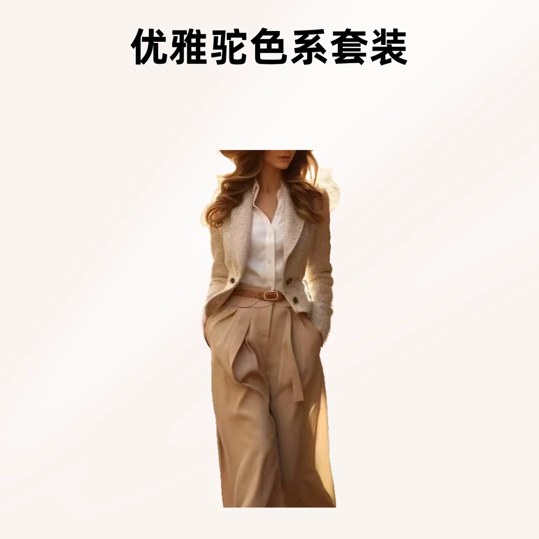 时尚秋冬女装气质休闲裤高腰直筒阔腿设计师优雅驼色