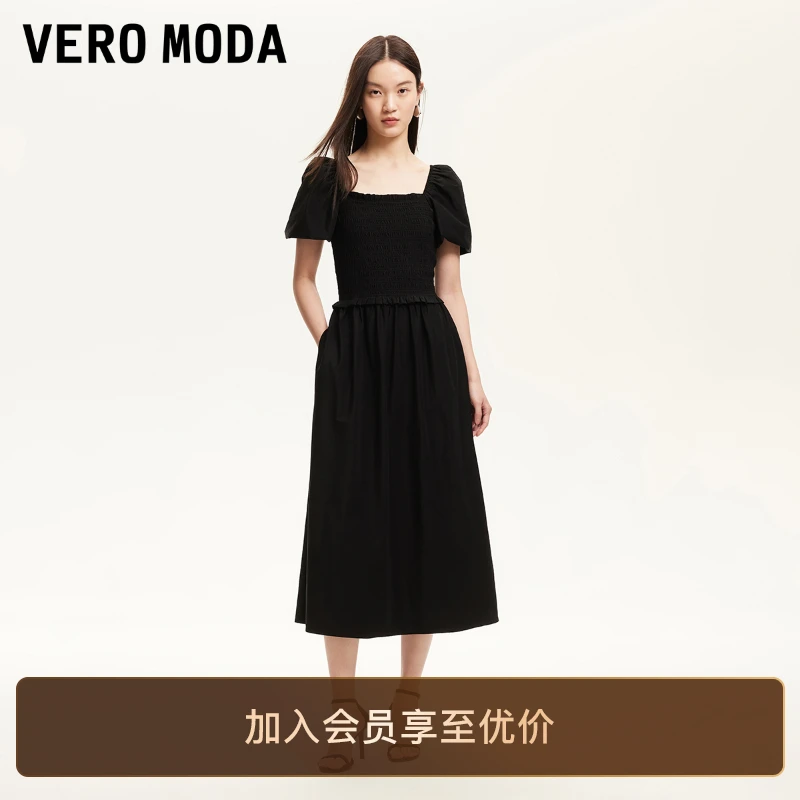 Vero Moda连衣裙2025新款方领泡泡袖松紧拼接小众小黑裙百搭贵气